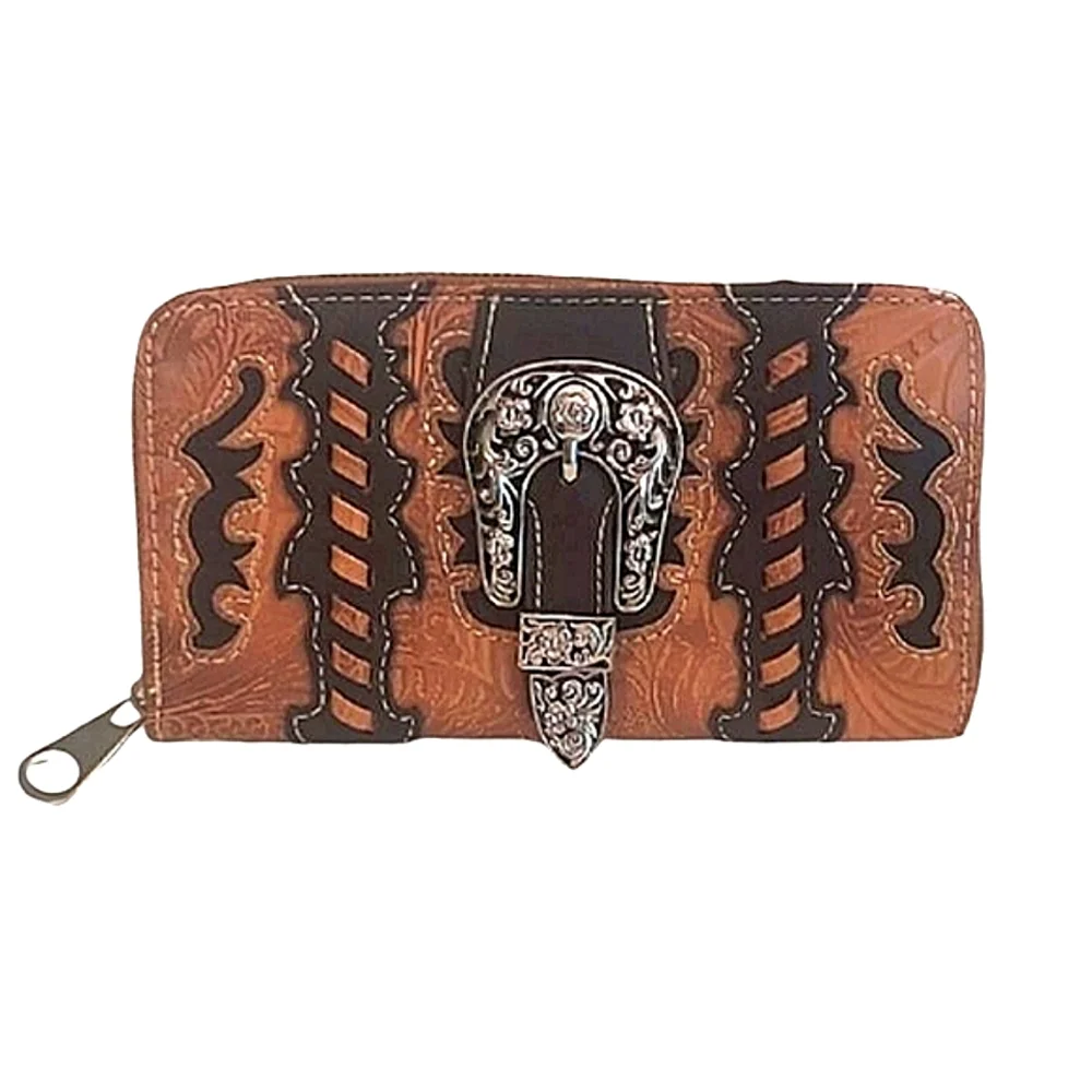 Zip Around Western Wallet Mini Clutch Laser Engraved PU Leather Floral Tooling